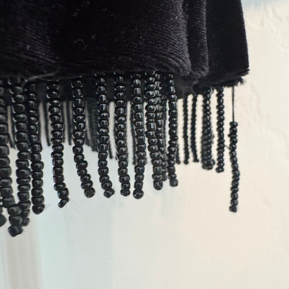 Vintage Clio Black Velvet Beaded Fringe Blouse Top M Square Neck - Picture 6 of 10